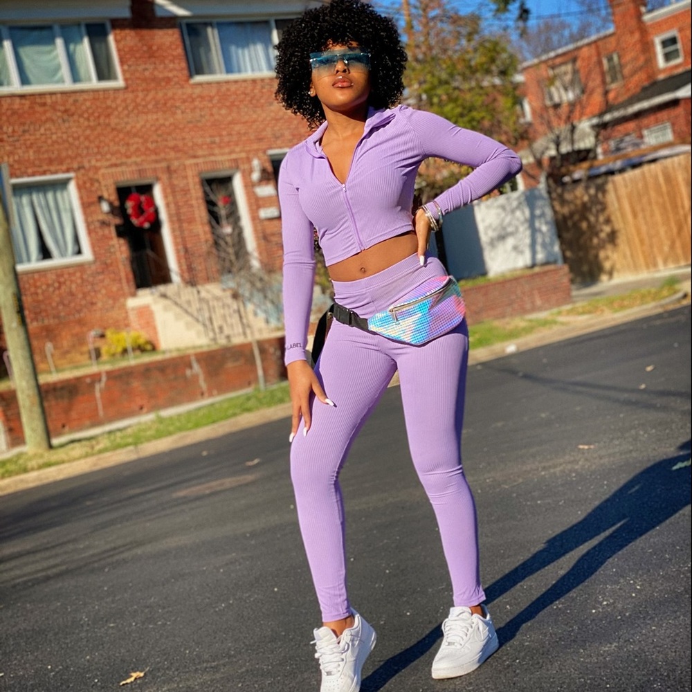 Purple sleeve crop fancy zip top and pants